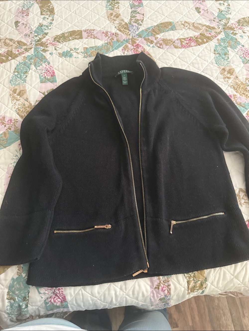 Lauren Ralph Lauren Black Gold-Zip Knit Sweater